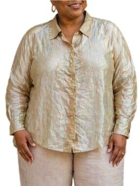 Ashley Stewart Plus Size18/20 Top Sheer Golden Button-Up Blouse Long Sleeve